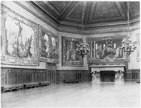 McLean House, view of ballroom showing fireplace and four tapestries